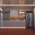 full view of a kitchen with natural white strip lights