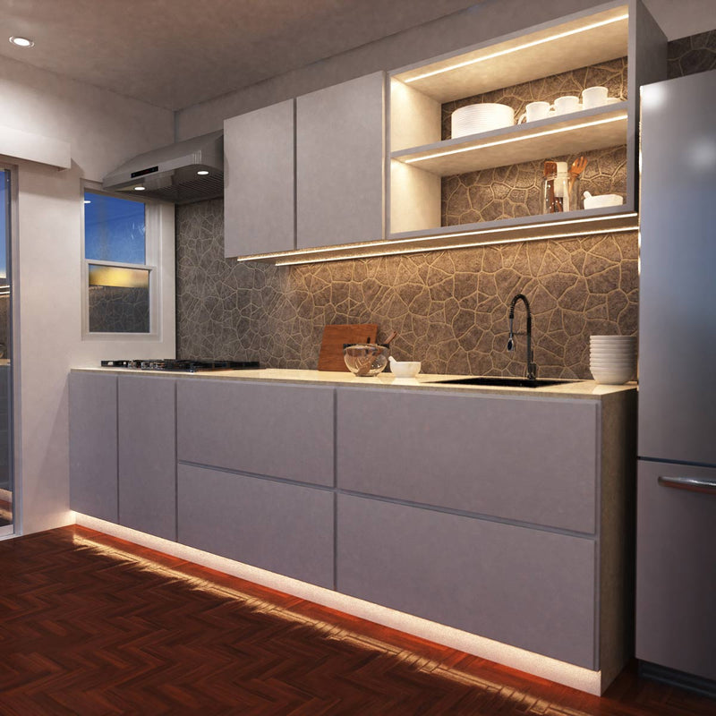 side view of a kitchen with natural white strip lights