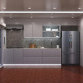 full view of a kitchen with cool white strip lights