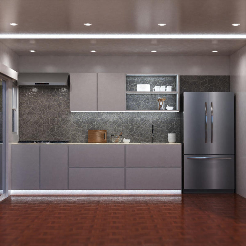 full view of a kitchen with cool white strip lights