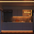 wide shot of a kitchen with warm white strip lights