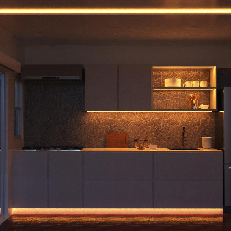 wide shot of a kitchen with warm white strip lights