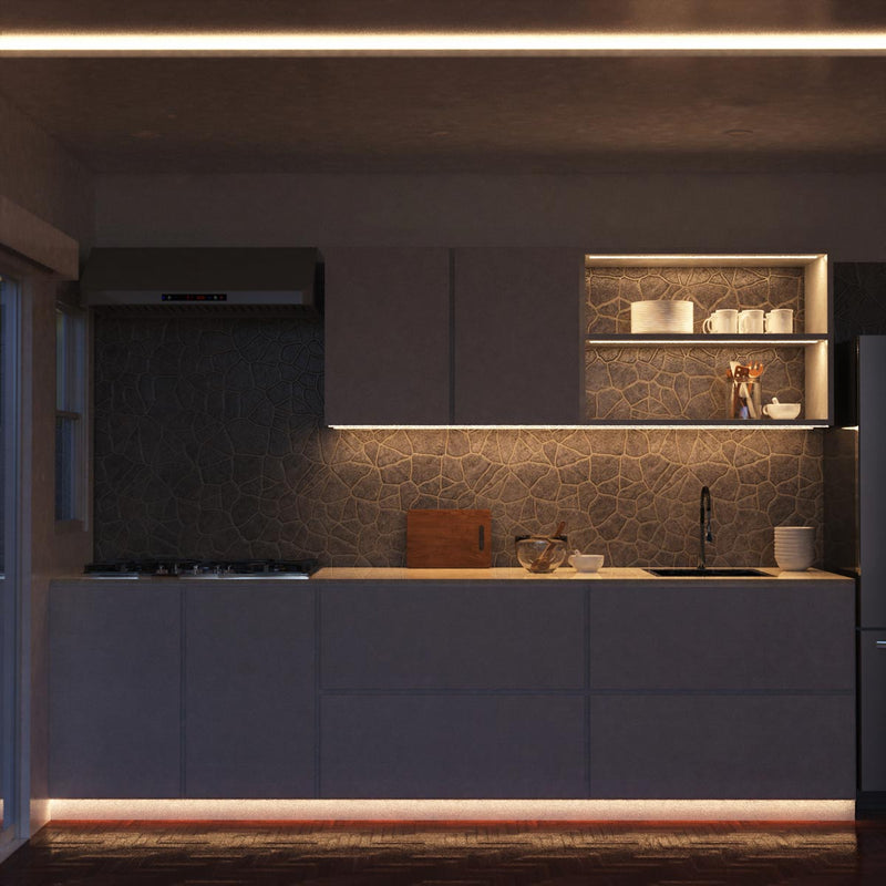 wide shot of a kitchen with natural white strip lights