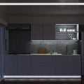 wide shot of a kitchen with cool white strip lights