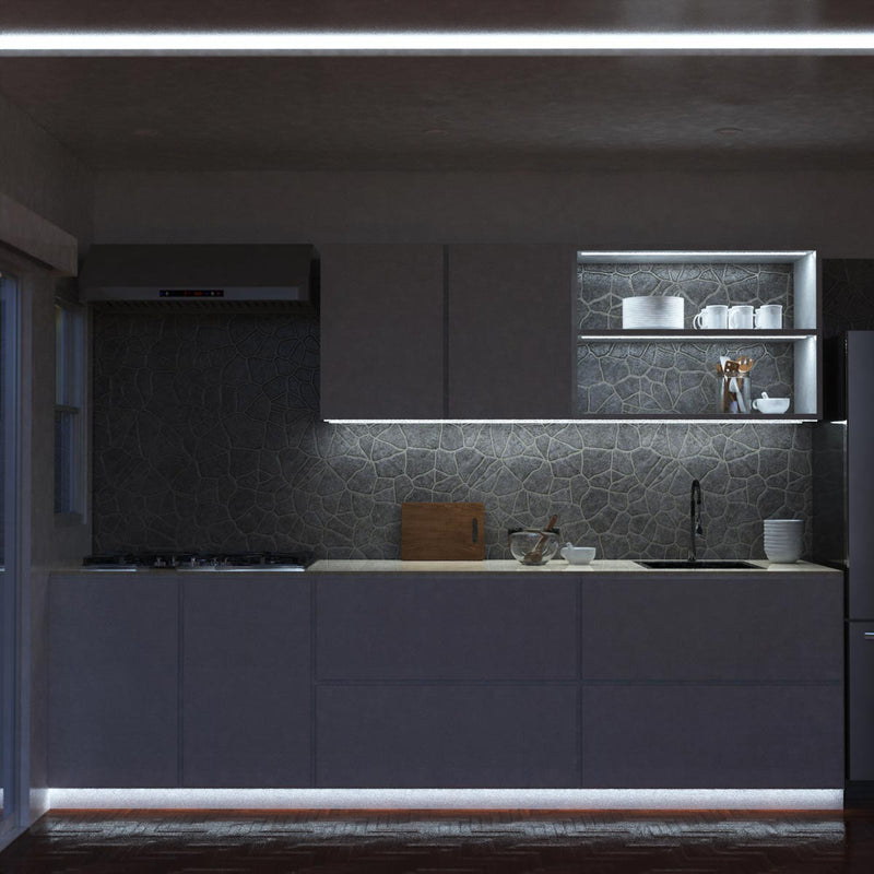 wide shot of a kitchen with cool white strip lights