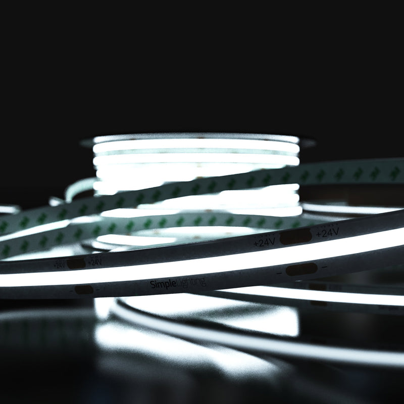 close up of COB IP67 strip with cool white light