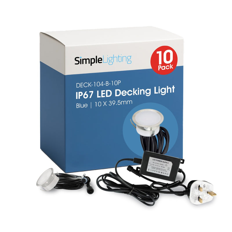 Pack of 10 39.5mm, IP67 LED Decking Light Blue