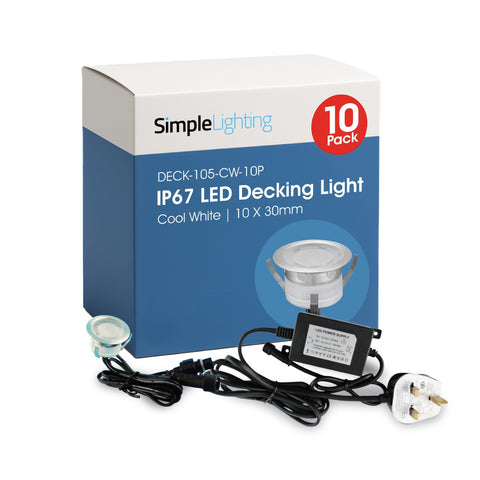 Pack of 10 30mm, IP67 LED Decking Light Cool White - close up