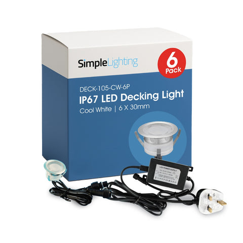 Pack of 6 30mm, IP67 LED Decking Light Cool White - close up