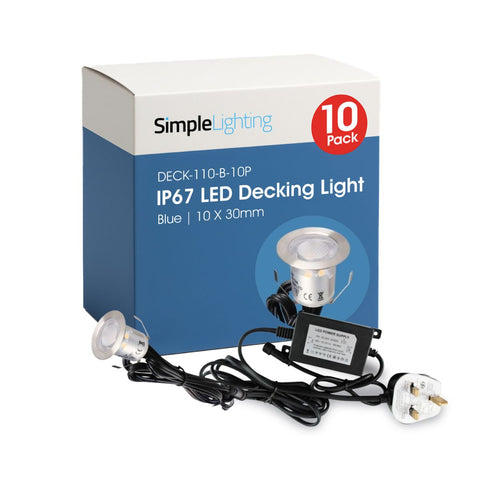 Pack of 10 30mm, IP67 LED Decking Light Blue