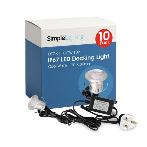 Pack of 10 30mm, IP67 LED Decking Light Cool White