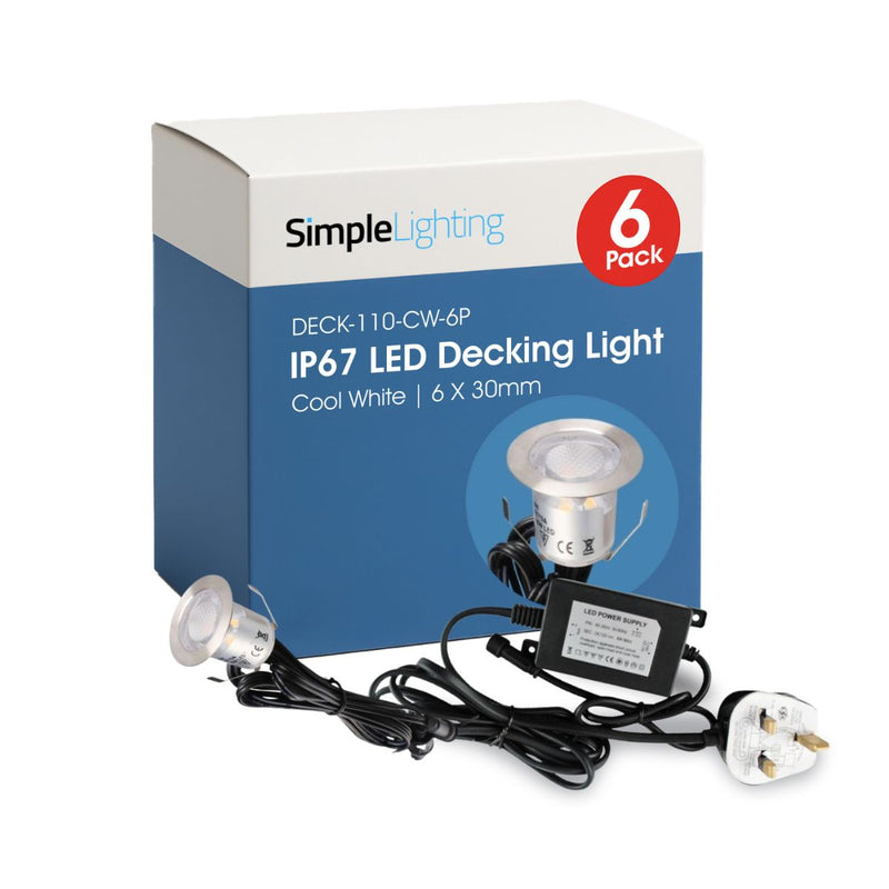 Pack of Six 30mm, IP67 LED Decking Light Cool White
