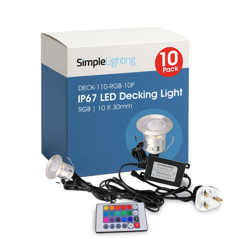 Pack of 10 30mm, RGB IP67 LED Decking Light - Colour Changing with Eco controller