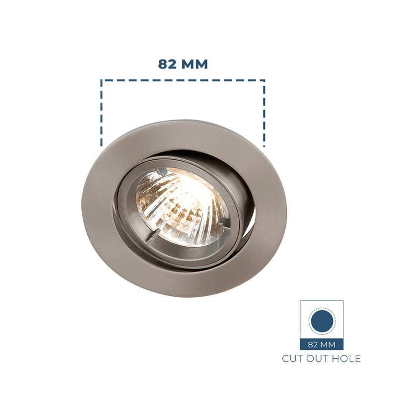 GU10 downlight in a Satin Chrome with dimensions 