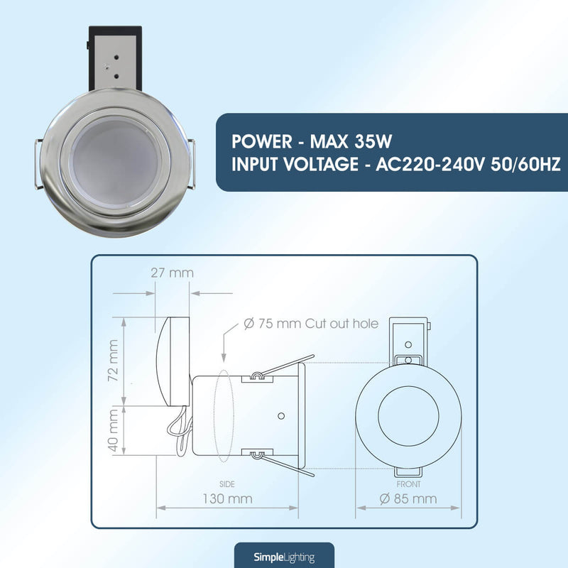 Die-Cast, Fire Rated LED Downlight, GU10, Dimmable, Twist and Lock. Choice of colours.