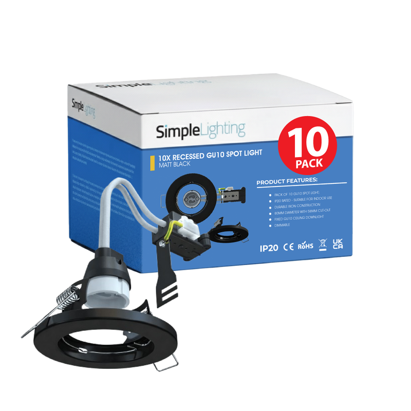10 X Fixed IP20 GU10 Downlight in Matt Black - 80mm