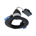 Image of the downlight from an angle showcasing the tiltable gimbal and matt black finish.