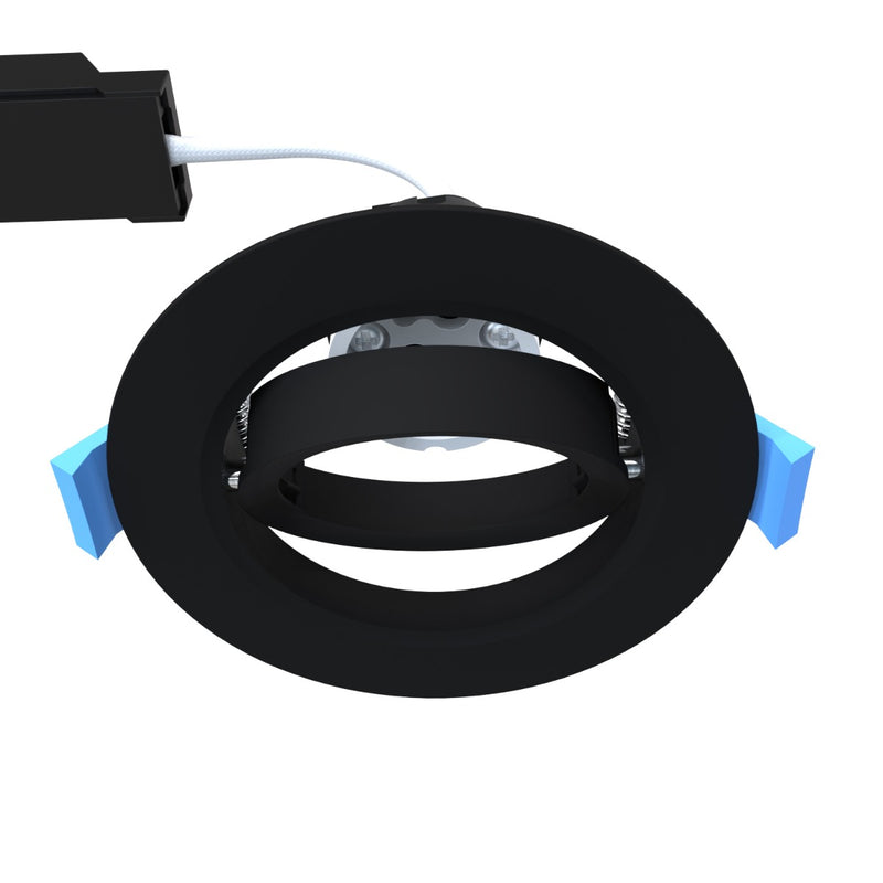 A close-up image of the downlight showing the black bezel and the tiltable gimbal.