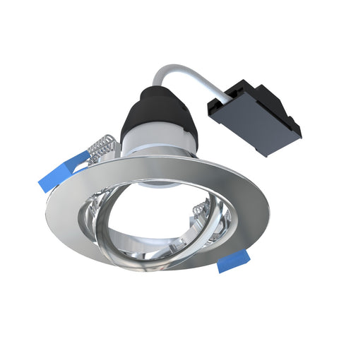 Full body image of the downlight featuring the satin silver bezel up front and the connector at the back.