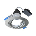 Full image of the downlight with its satin silver bezel up front, with the tiltable gimbal adjusted to an angle.