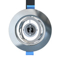 Front image of the bezel showcasing satin silver bezel, tilted gimbal, and the GU10 lamp holder