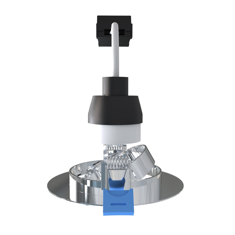 Side image of the downlight with the components lined up from bezel to connector.