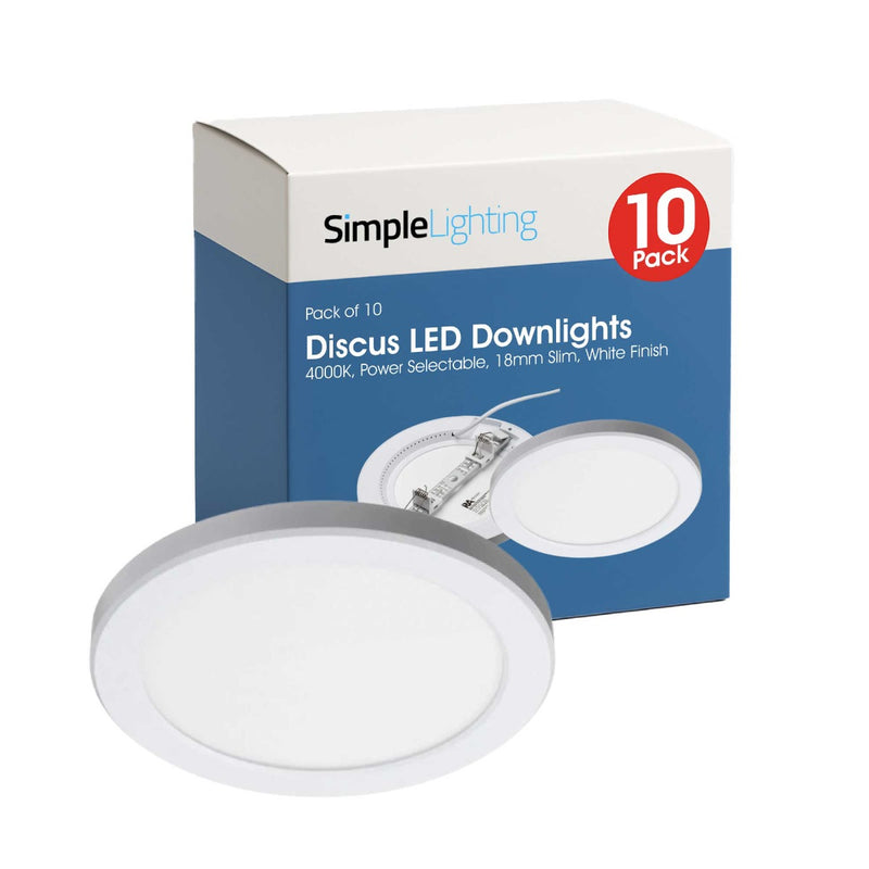 10-pack box of Discus LED Downlights on a white background, product shot.