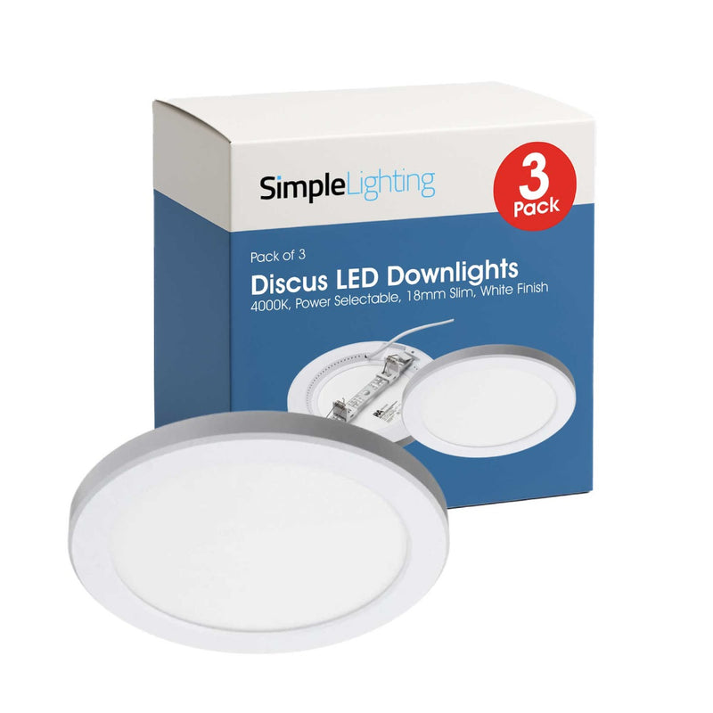 3-pack box of Discus LED Downlights on a white background, with one picture in front
