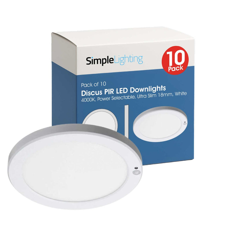 10-pack box of Discus PIR LED Downlights, one downlight in front of the box, white background.