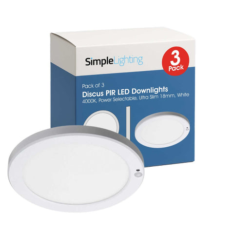 3-pack box of Discus PIR LED Downlights on a white background, with a product shot in front.