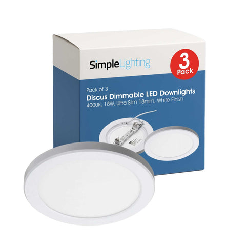 White background 3-pack box of Discus Dimmable LED Downlights one fixture shown in front.