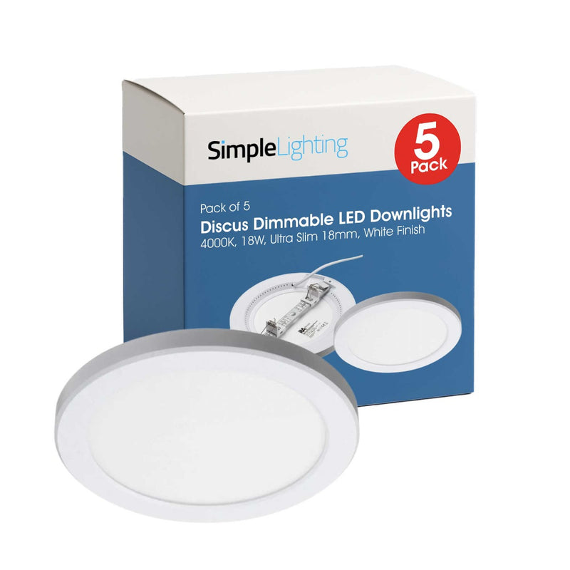 5-pack box of Discus Dimmable LED Downlights on white background with one fixture shown in front.