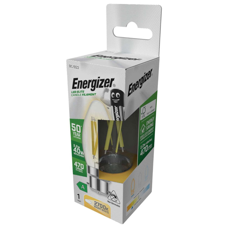 Side of an Energizer, Candle 2.2w LED Bulb, Filament B22, A Rated - 2700K Warm White