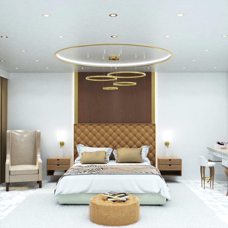 full shot of a bedroom that has brass LED downlights with cool white light