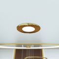clos up shot of a ceiling that has mounted brass LED downlight with cool white light