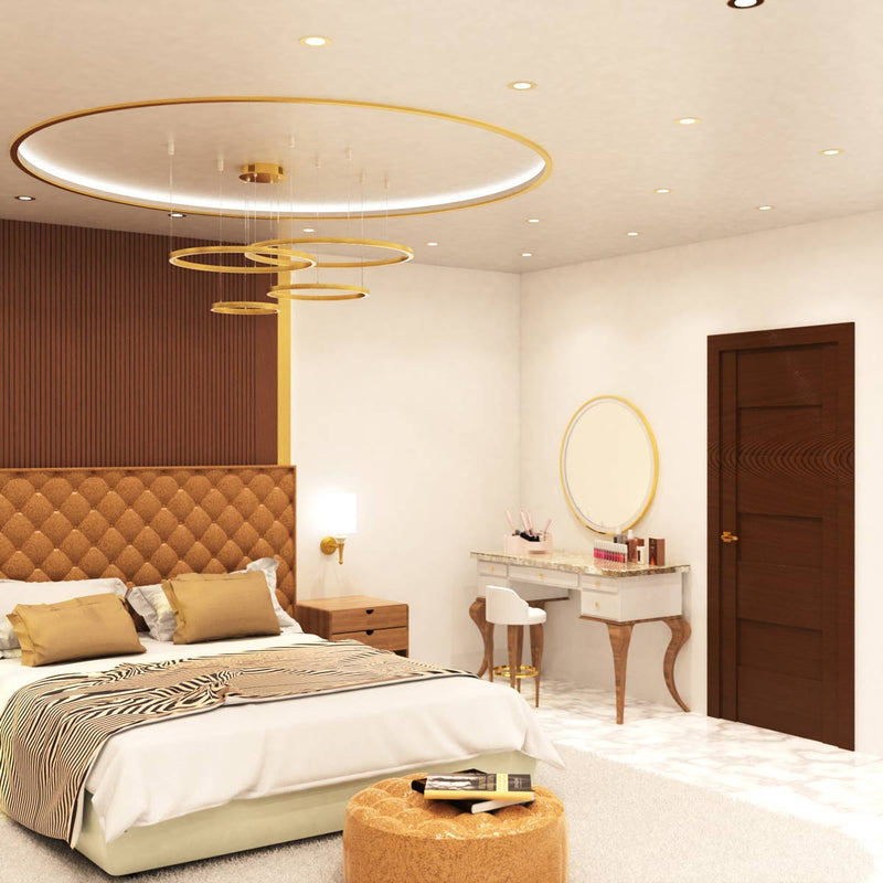 full shot of a bedroom that has mounted brass LED downlights with natural white light