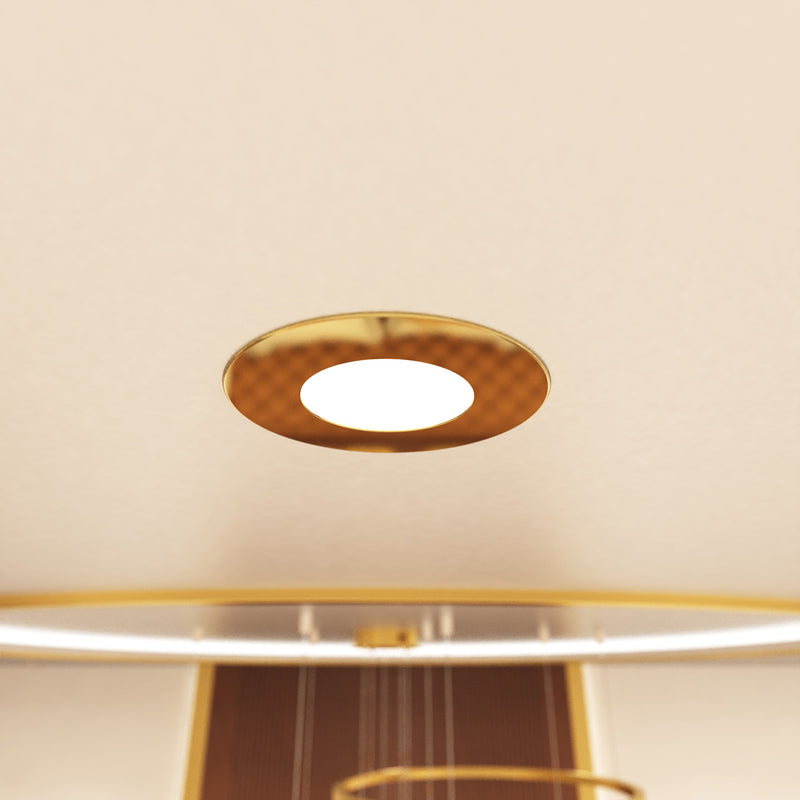 close up shot of a mounted brass LED downlight with natural white light