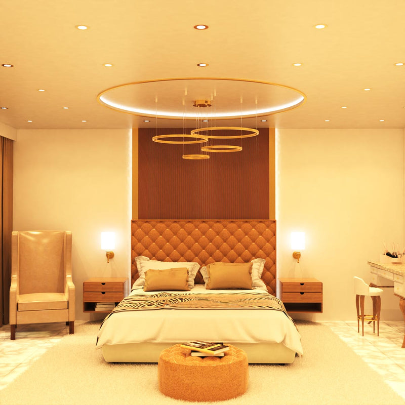 full shot of a bedroom that has brass LED downlights with warm white light
