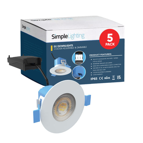 5 x Fire rated downlights with a white bezel in a blue and white box. 