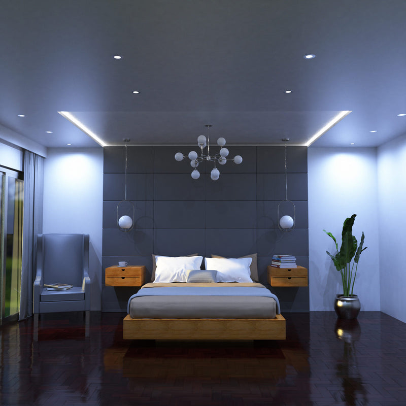 full shot of a bedroom with brushed chrome LED downlights with cool white light