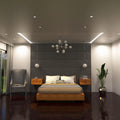 full shot of a bedroom with brushed chrome LED downlights with natural white light