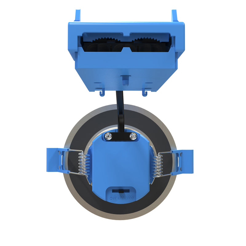 brushed chrome colour adjustable downlight with a small toggle switch