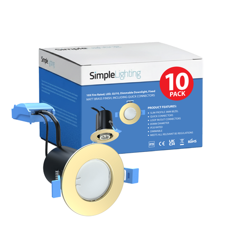 Pack of 10 Matt Brass Fire Rated GU10 Dimmable Downlights