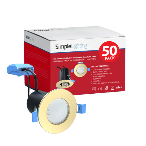 Pack of 50 Matt Brass Fire Rated GU10 Dimmable Downlights 