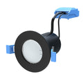 fire-rated LED downlight with a black finish and a bulb