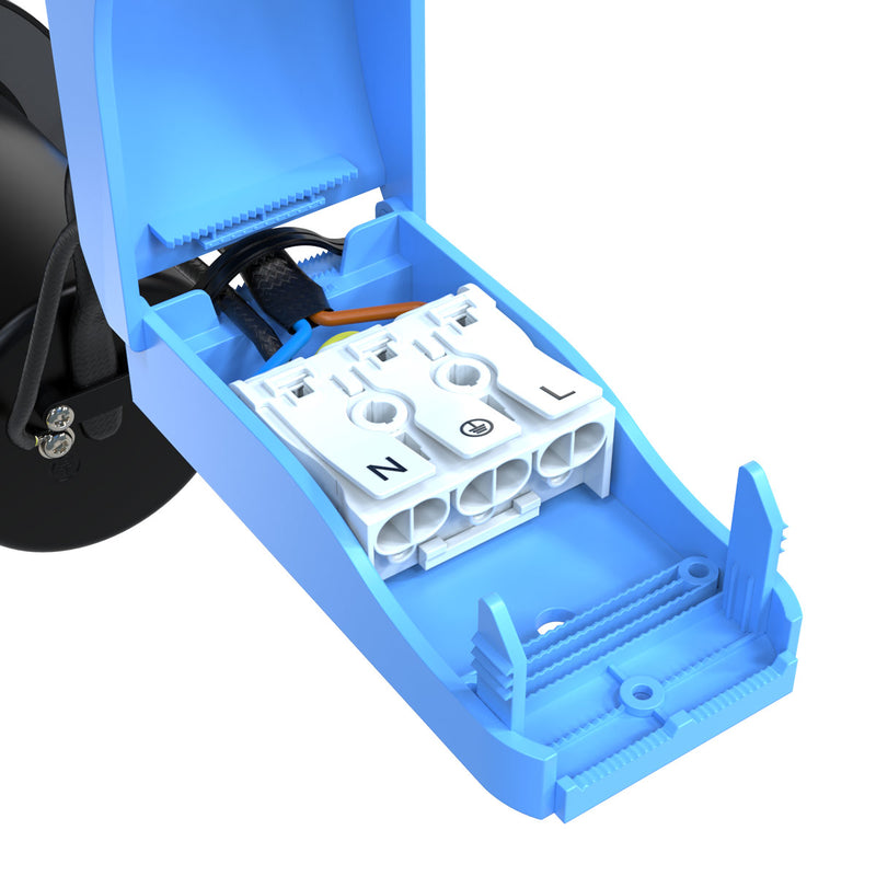 open junction box of a black LED fire-rated downlight
