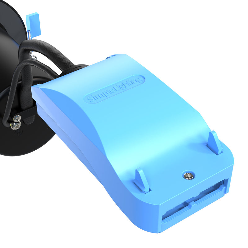 fire-rated LED downlight with a black finish's junction box (close)