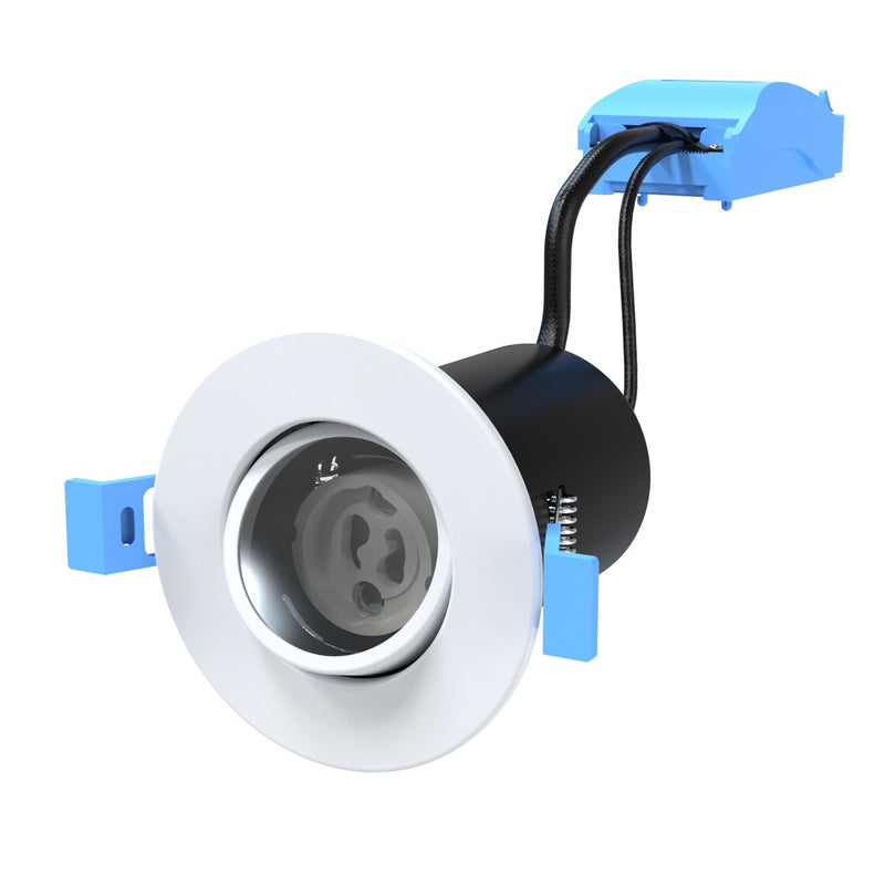 White bezel adjustable downlight with visible lamp holder
