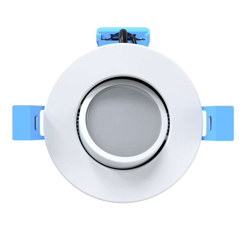 Adjustable downlight with white bezel and a tilted gimbal