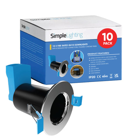 Multi Pack 10 Fire Rated Downlights - Polished Chrome, Includes Quick Connectors